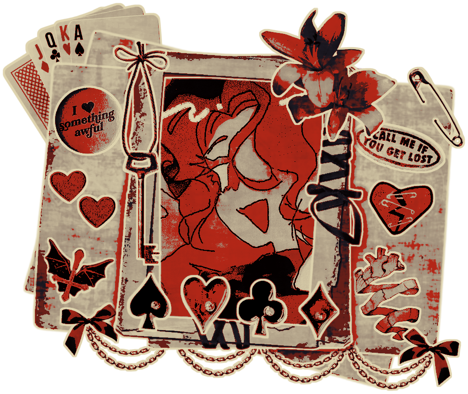 a collage of pins and stamps with a picture of spierce in a frame in the middle. the theme is hearts, card suits, and love in red, black, and warm grey.